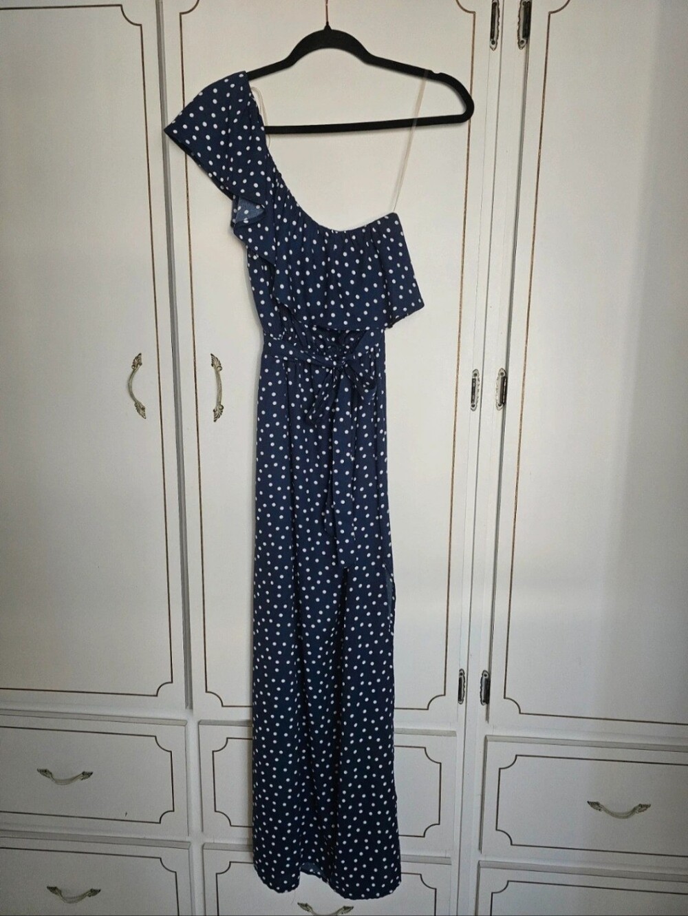 Emerald Sundae Navy and White Polka Dot One-Shoulder Jumpsuit